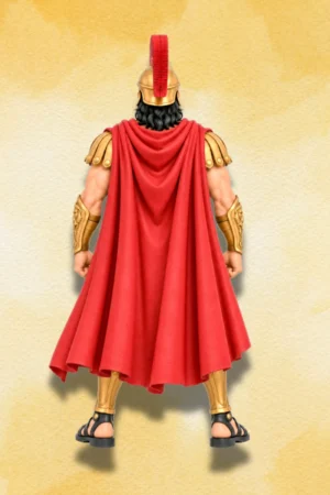 Back view of Agamemnon Action Figure with red cape and golden armor.