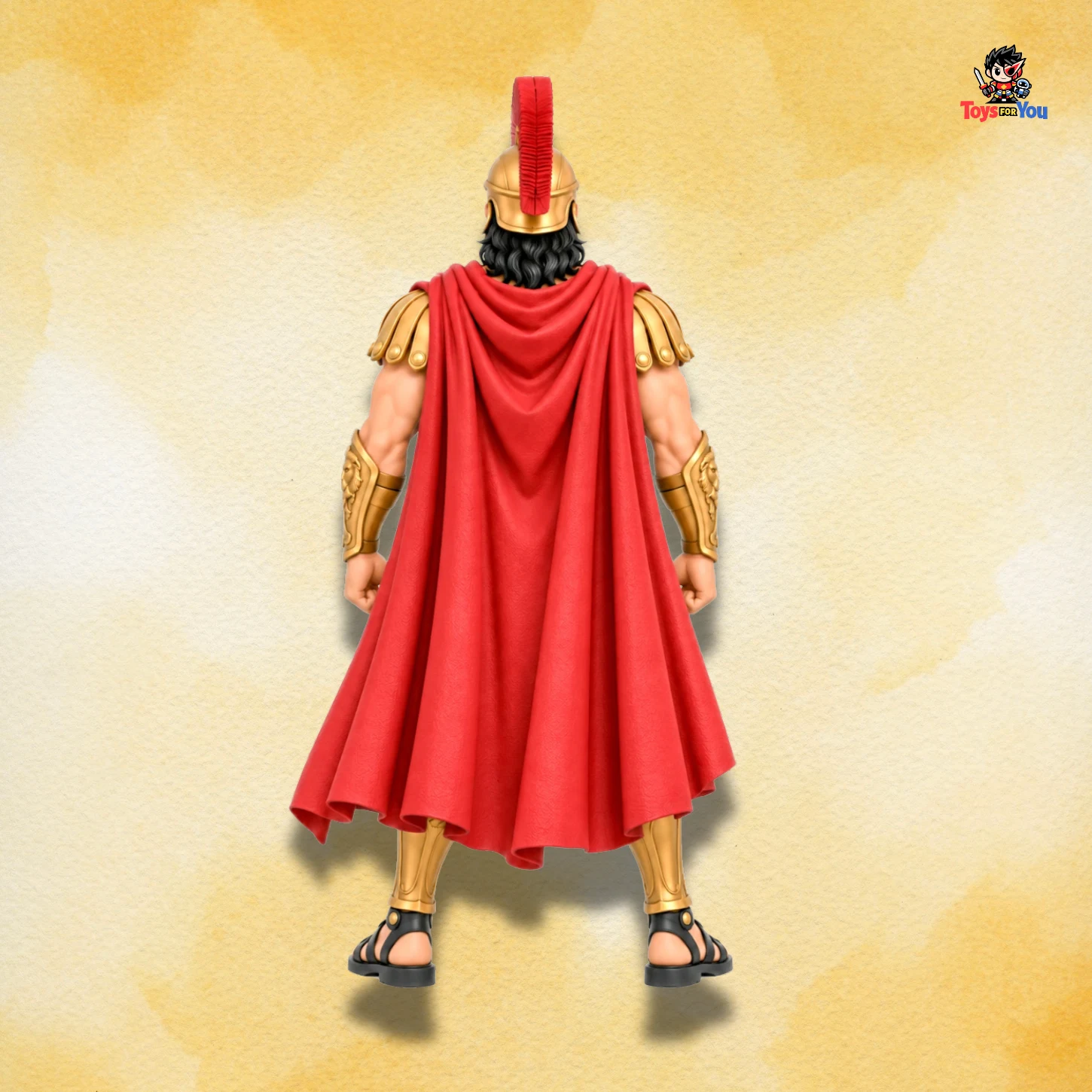 Back view of Agamemnon Action Figure with red cape and golden armor.