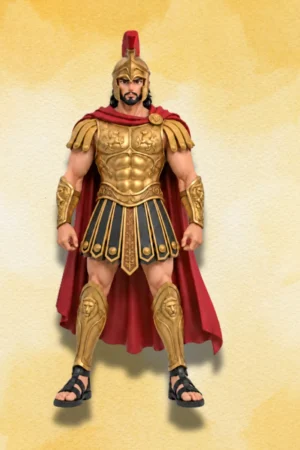 Fron't view of Odessy's Agamemnon Action figure in detailed golden armor and red cape.
