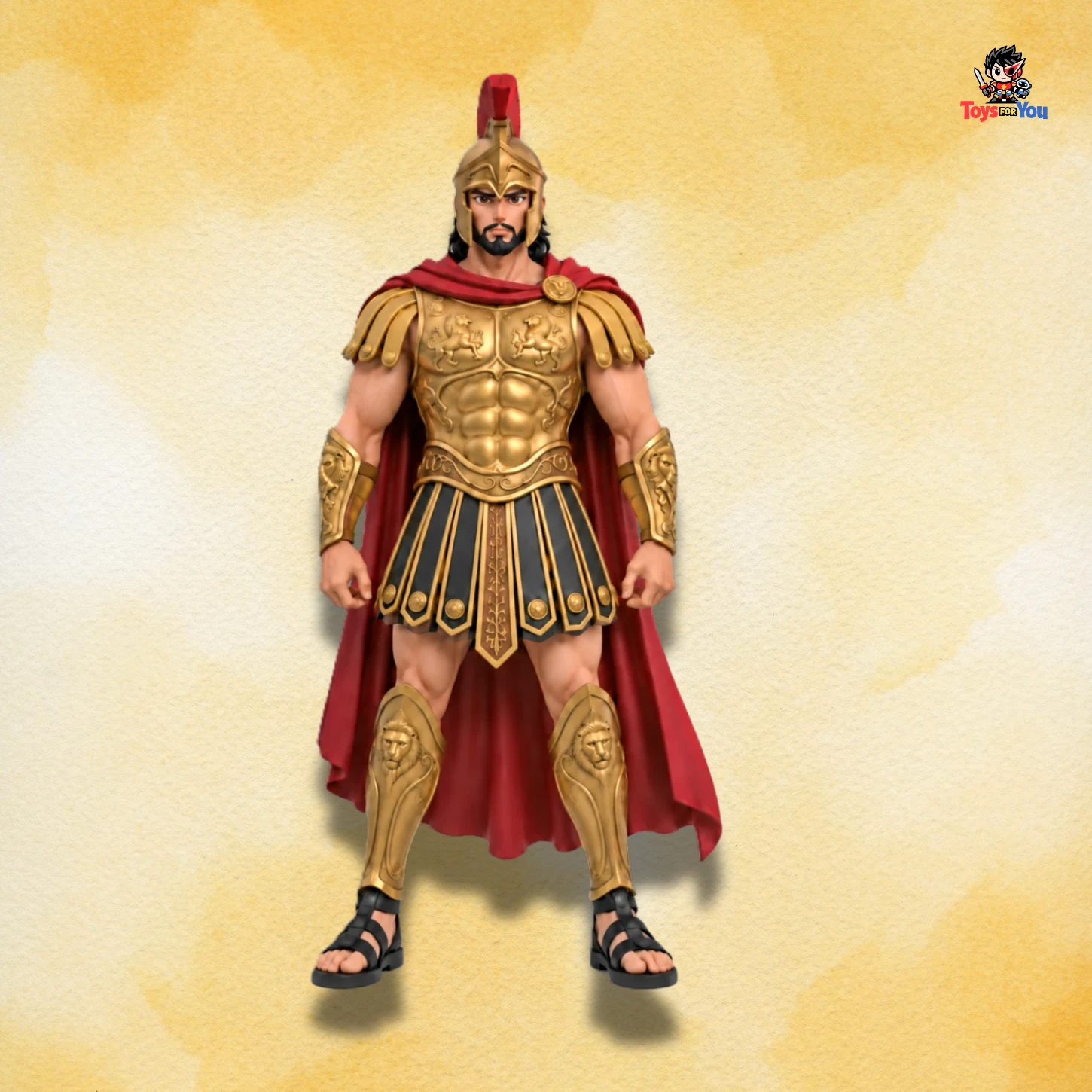 Fron't view of Odessy's Agamemnon Action figure in detailed golden armor and red cape.