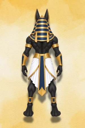 Back view of the Egyptian god, Anubis, Action Figure, showing detailed Ancient Egyptian design.