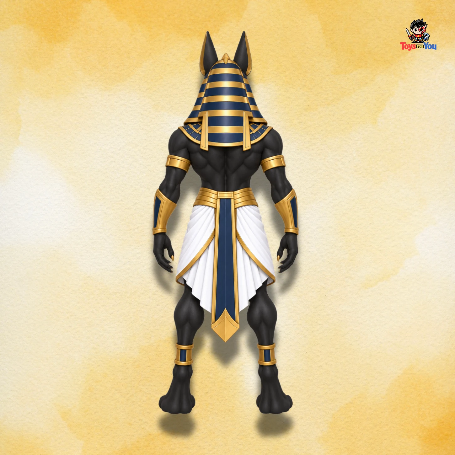 Back view of the Egyptian god, Anubis, Action Figure, showing detailed Ancient Egyptian design.