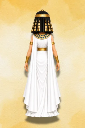 Backview of Cleopatra action figure showing white flowing gown and Egyptian-inspired accessories.