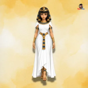 Front view of Cleopatra Action Figure wearing white gown and Egyptian royal jewellery.