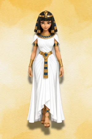 Front view of Cleopatra Action Figure wearing white gown and Egyptian royal jewellery.