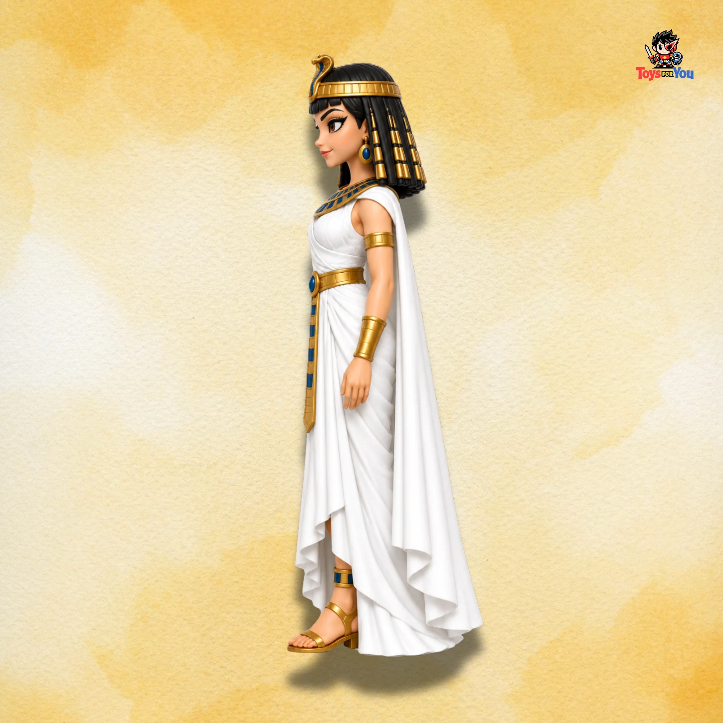 Left-side view of Cleopatra Action Figure in Egyptian-inspired royal attire.