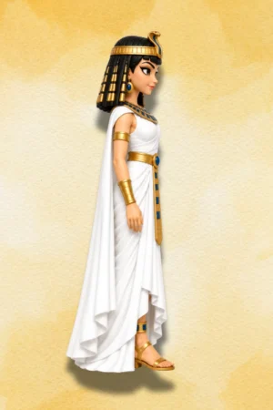 Right-side view of Cleopatra Action Figure in white Egyptian dress with gold and blue royal accessories.