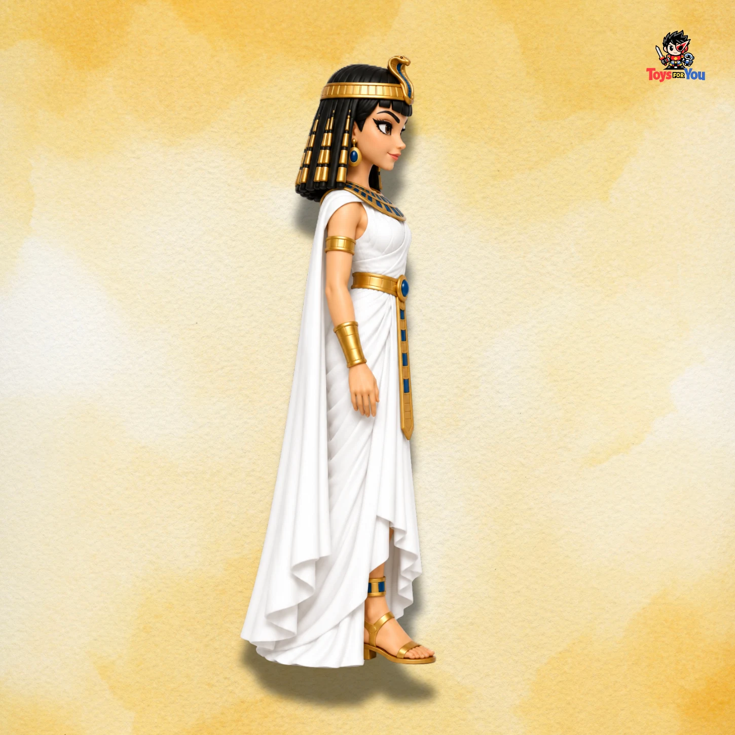 Right-side view of Cleopatra Action Figure in white Egyptian dress with gold and blue royal accessories.