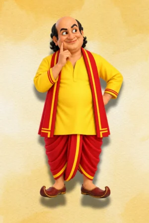 Gopal Bhar figure in traditional Bengali attire with playful expression
