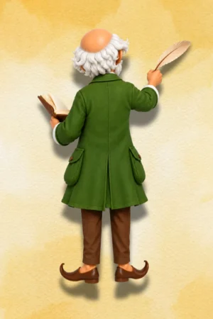 Backside view of Katukutu Buro Action Figure wearing green coat and holding a book and feather.