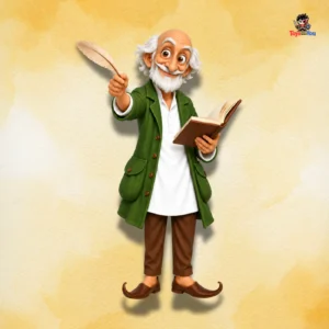 Front view of Katukutu Buro action figure holding an open book and feather.