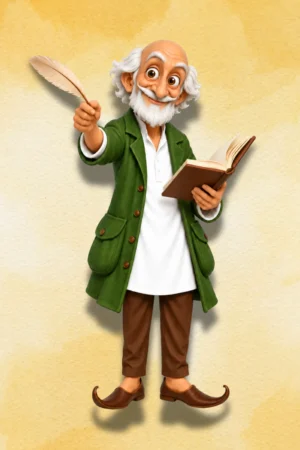 Front view of Katukutu Buro action figure holding an open book and feather.