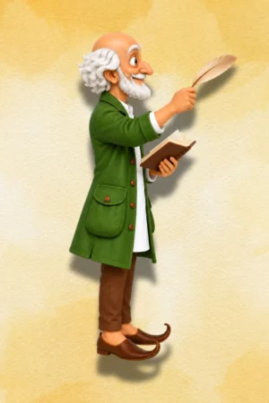 Right-side view of Katukutu Buro action figure with green coat, book and feather.