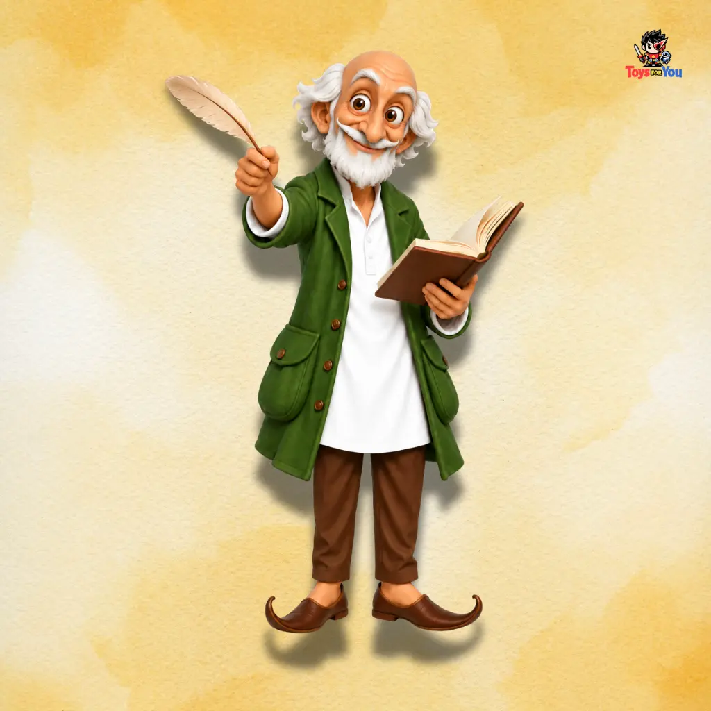 Katukutu Buro Action Figure Inspired by Sukumar Ray, holding a feather and an open book.