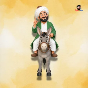 Mullah Nasruddin figure riding a donkey in traditional attire