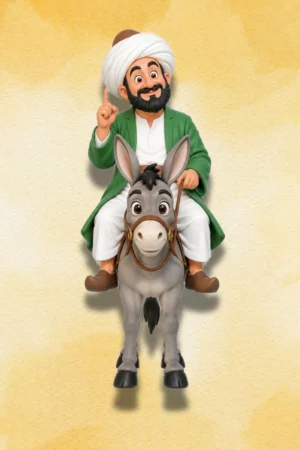 Mullah Nasruddin figure riding a donkey in traditional attire