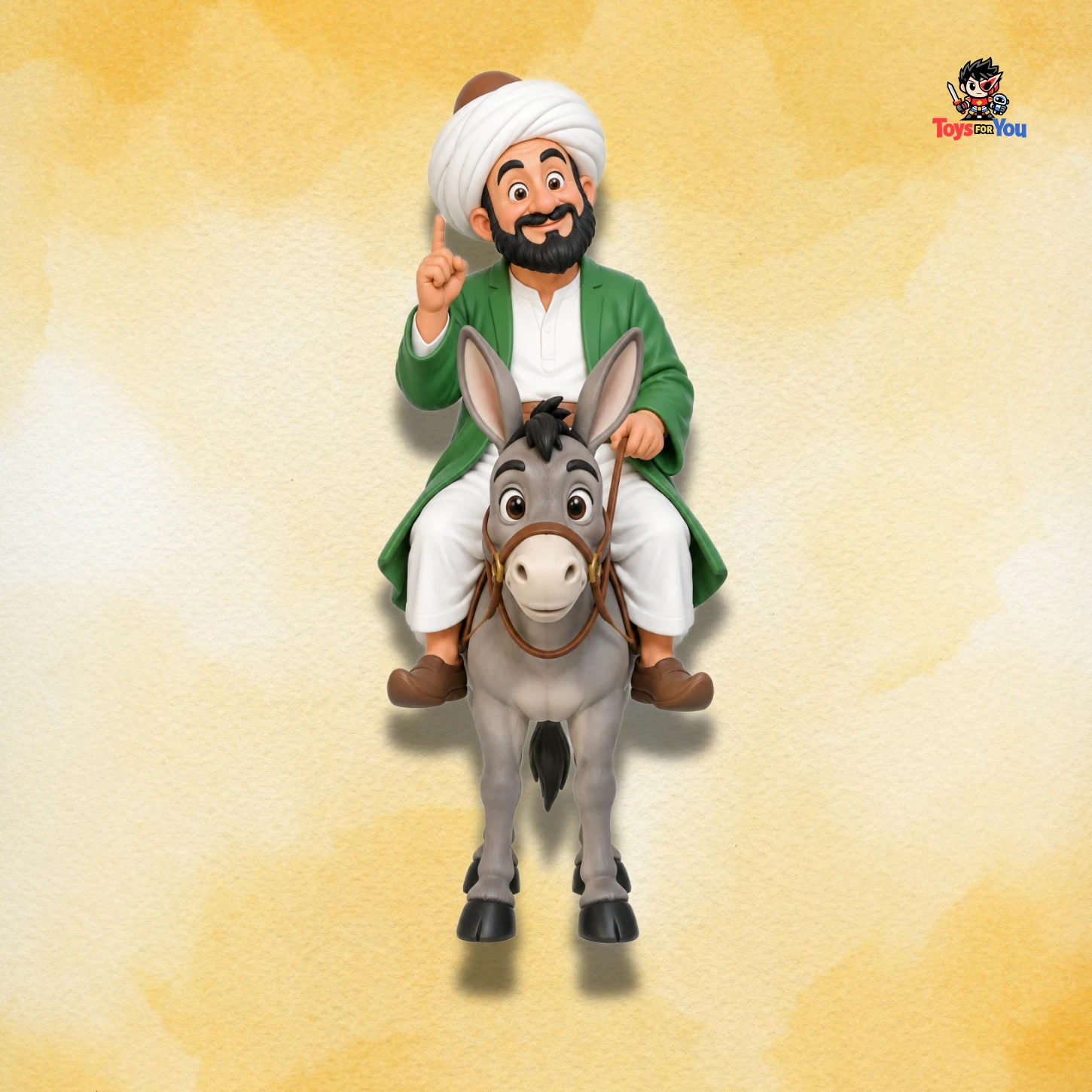 Mullah Nasruddin figure riding a donkey in traditional attire