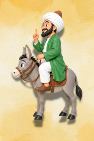 Mullah Nasruddin figure left side view with traditional turban and green coat