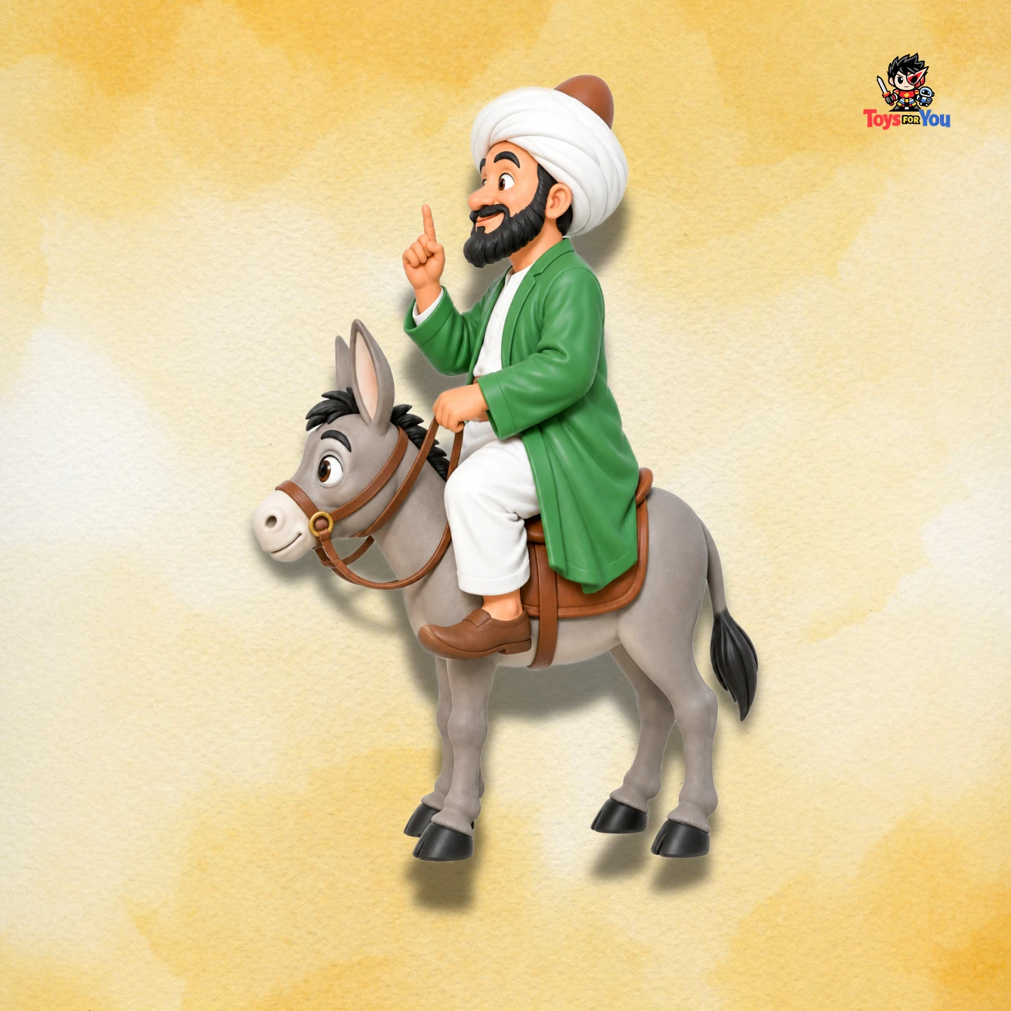 Mullah Nasruddin figure left side view with traditional turban and green coat