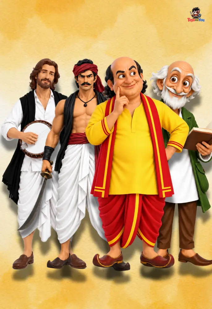 About Us page of ToysForYou, featuring Gopal Bhar, Raghu Dakat, Katukutu Buro, And Antony Firingee action figures.