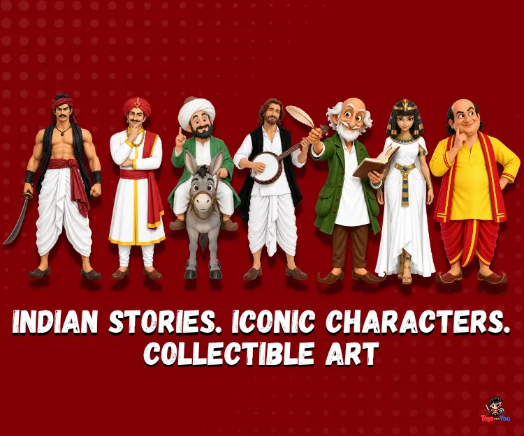 Home page hero banner image of ToysForYou, featuring Indian-Themed action figures, Regional action figures, Iconic Action figures, and Collectibles.
