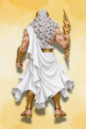 Back view of Zeus action figure showing flowing white hair, robes and golden armour.