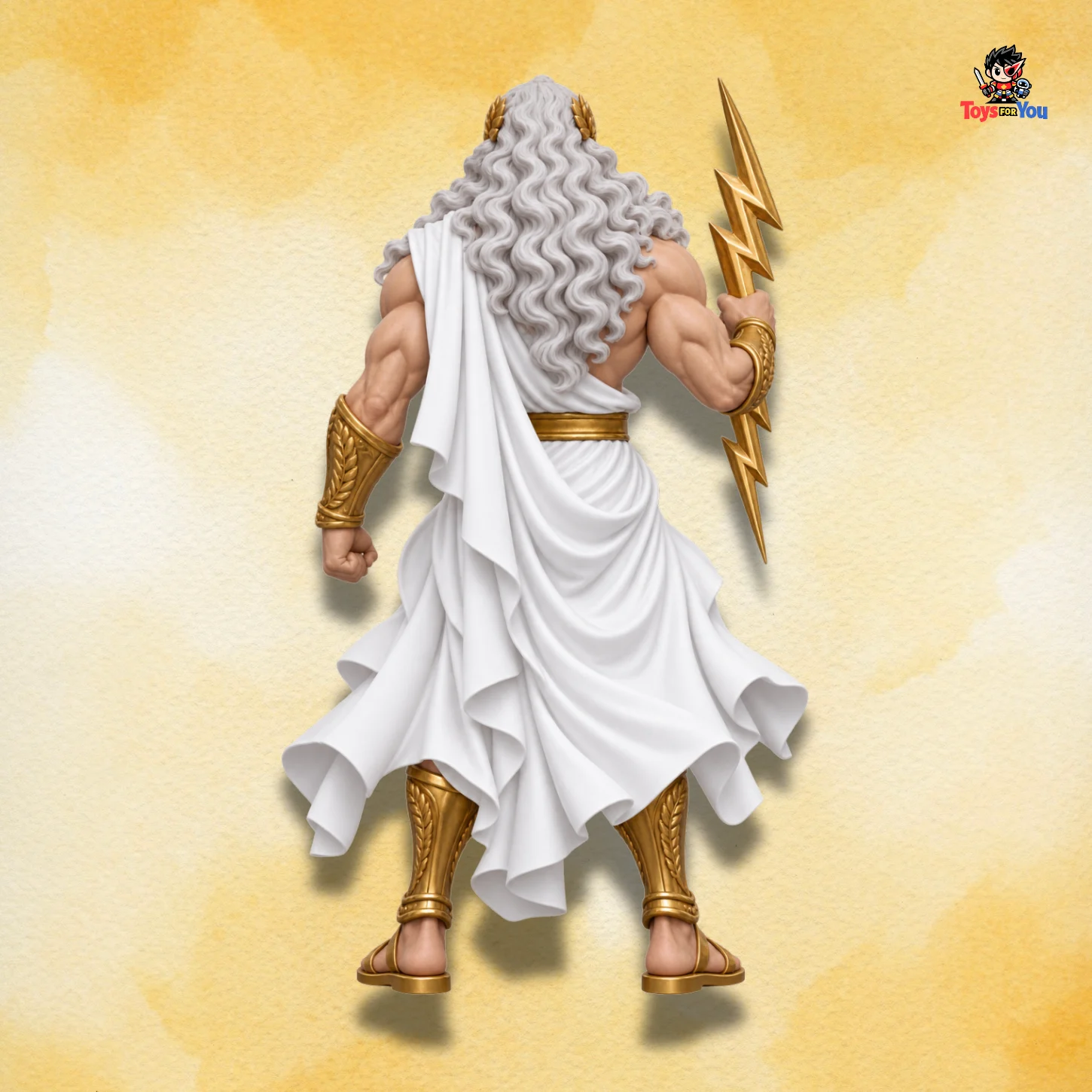 Back view of Zeus action figure showing flowing white hair, robes and golden armour.