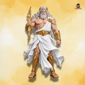 Zeus action figure front view holding iconic golden lightning bolt.