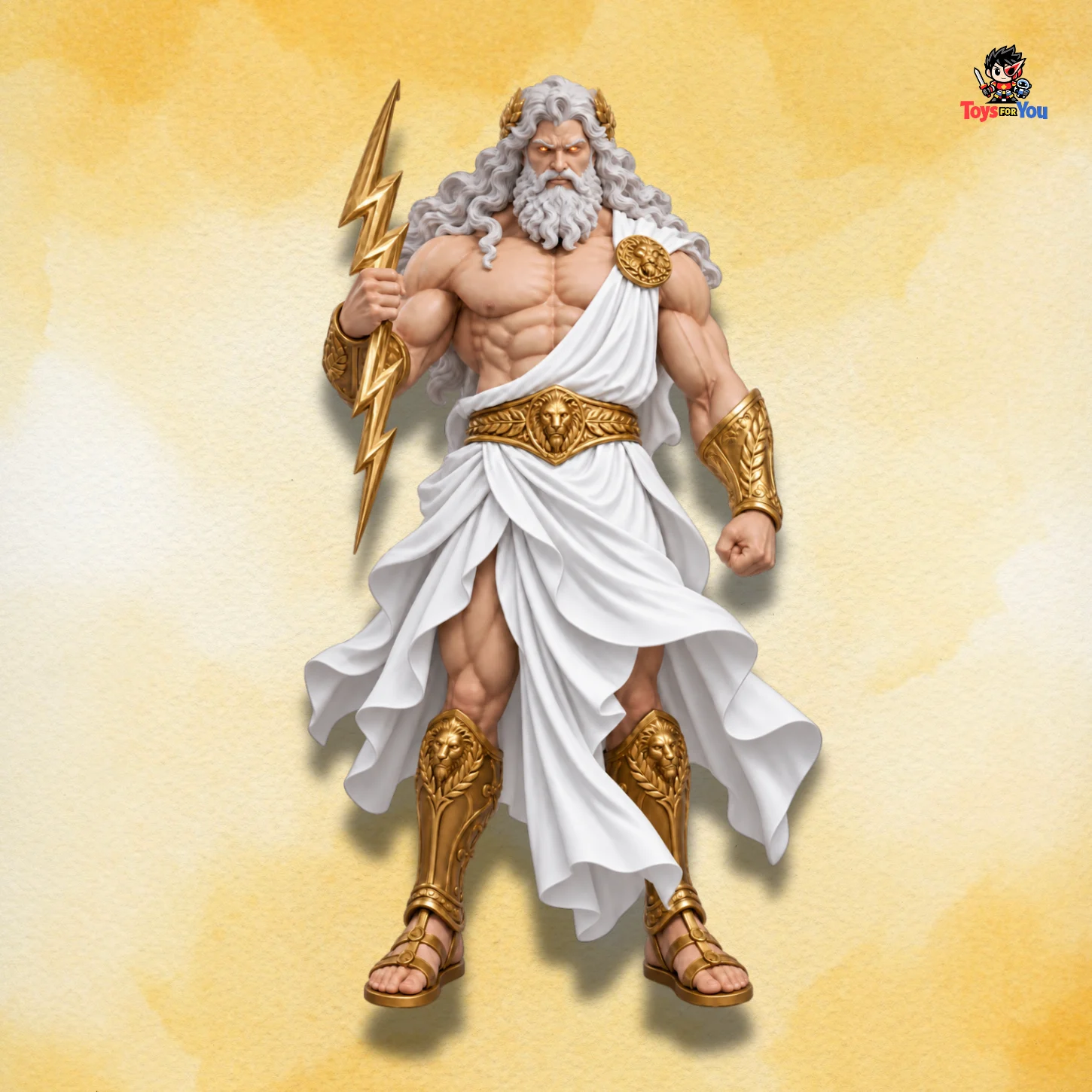 Zeus action figure front view holding iconic golden lightning bolt.