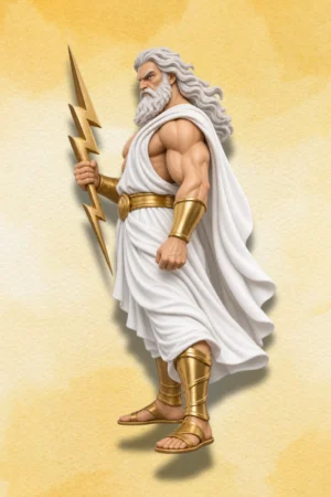Left side view of Zeus action figure with white robes and golden armour.