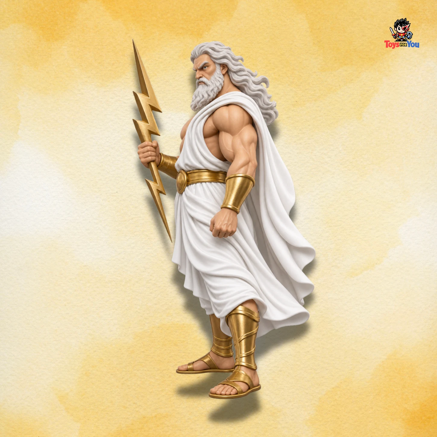 Left side view of Zeus action figure with white robes and golden armour.
