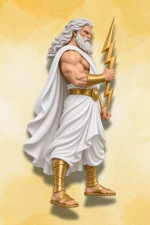 Right-side view of Zeus action figure holding a golden lightning bolt.