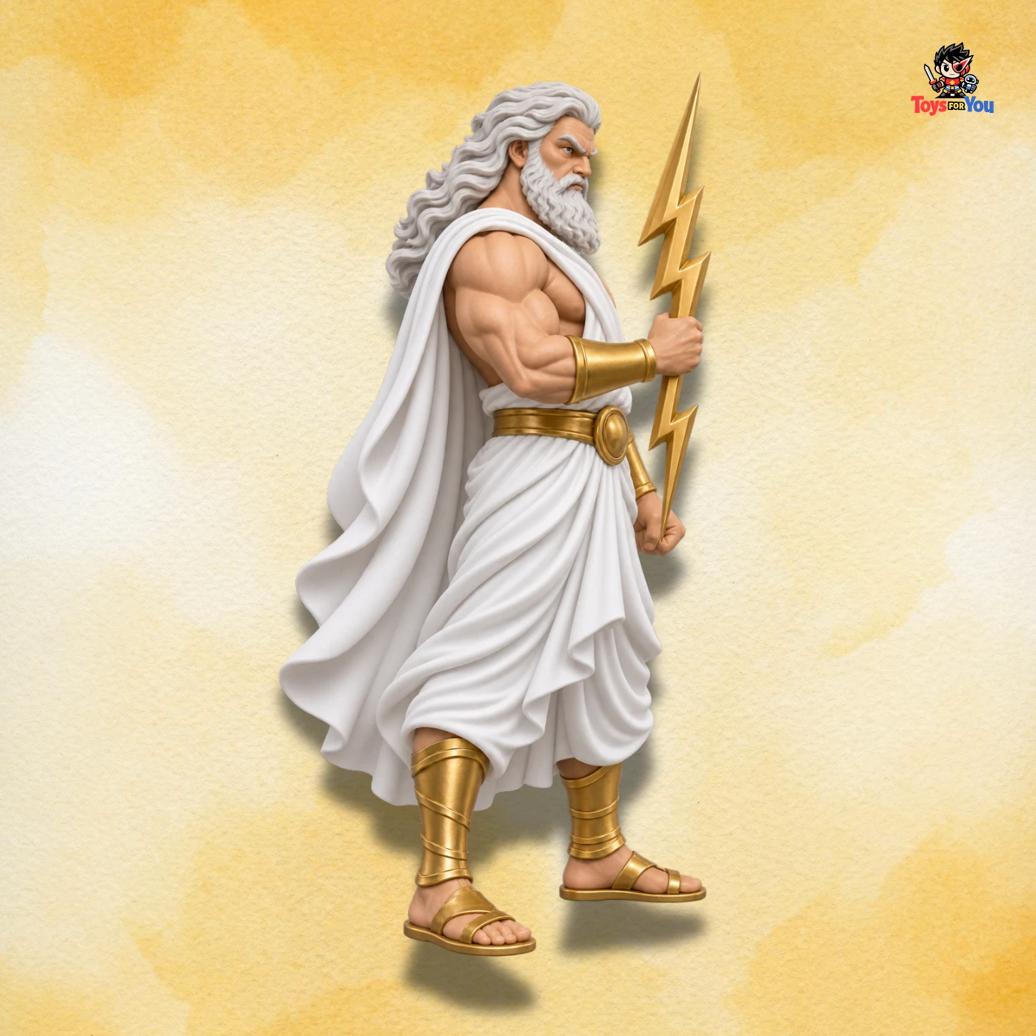 Right-side view of Zeus action figure holding a golden lightning bolt.